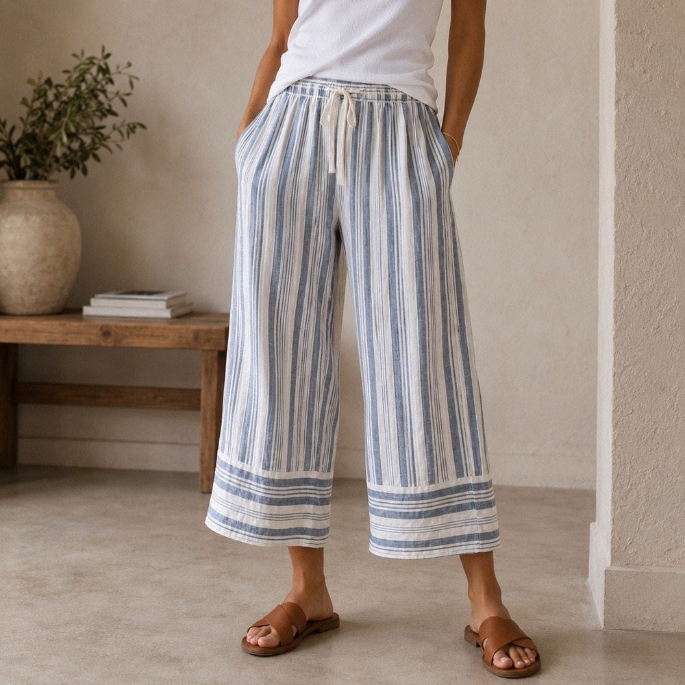 Casa Cabana Blue White Striped Wide Leg Cropped Pants Drawstring Waist XL